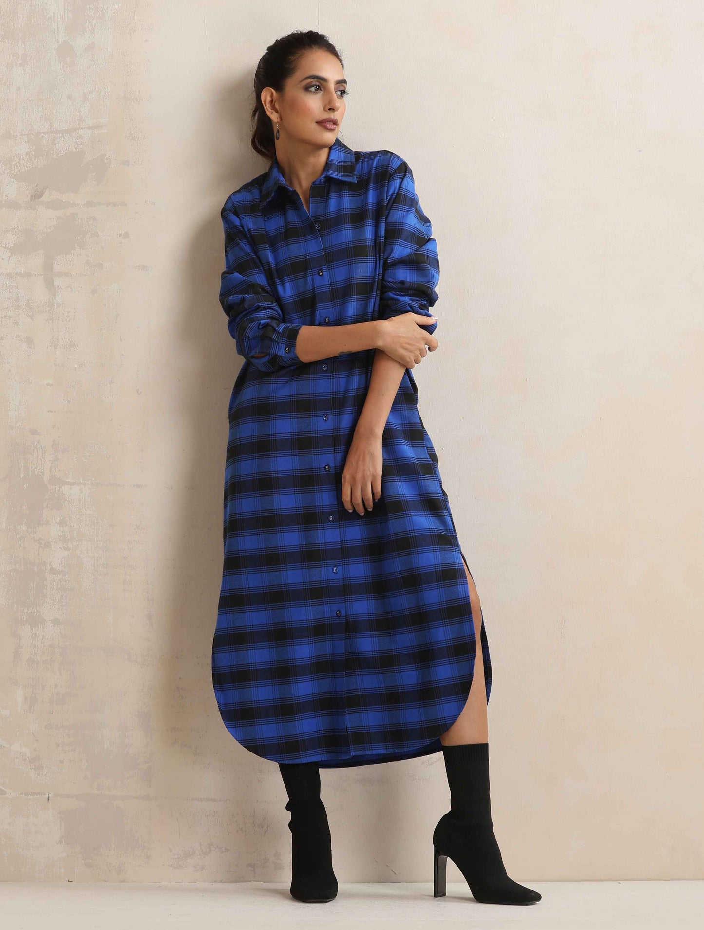 trueBrowns Blue Check Winter Shirt Dress | Swadesiicart
