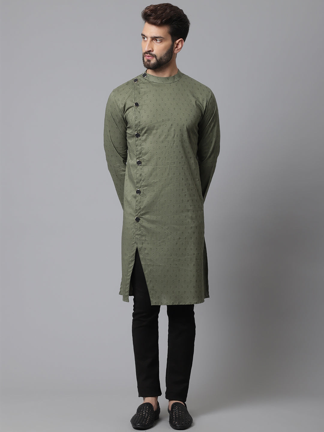 Even Apparels Green Sherwani Kurta With Asymetrical Cut | Swadesiicart