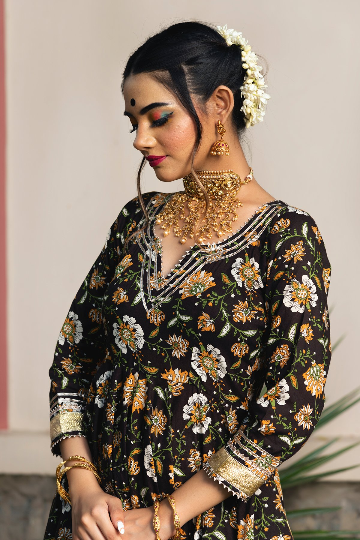 Pomcha Jaipur Roop Rang Hand Block Anarkali Set | Swadesiicart