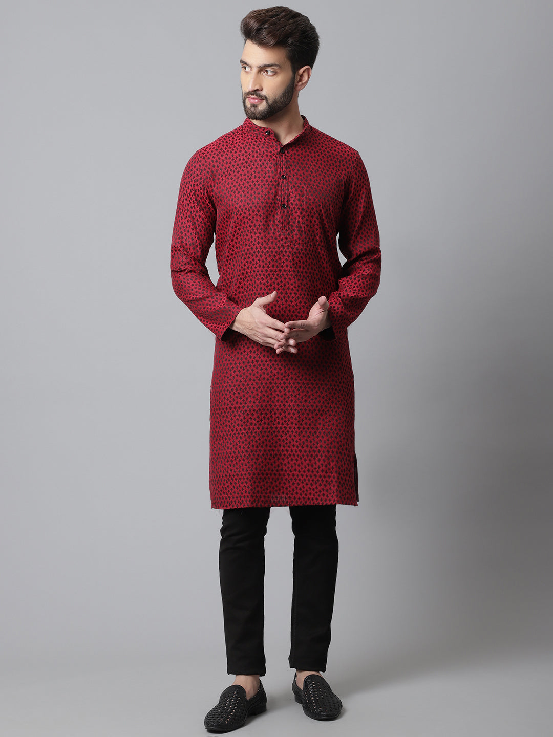 Even Apparels Maroon Solid Kurta With Band Collar | Swadesiicart