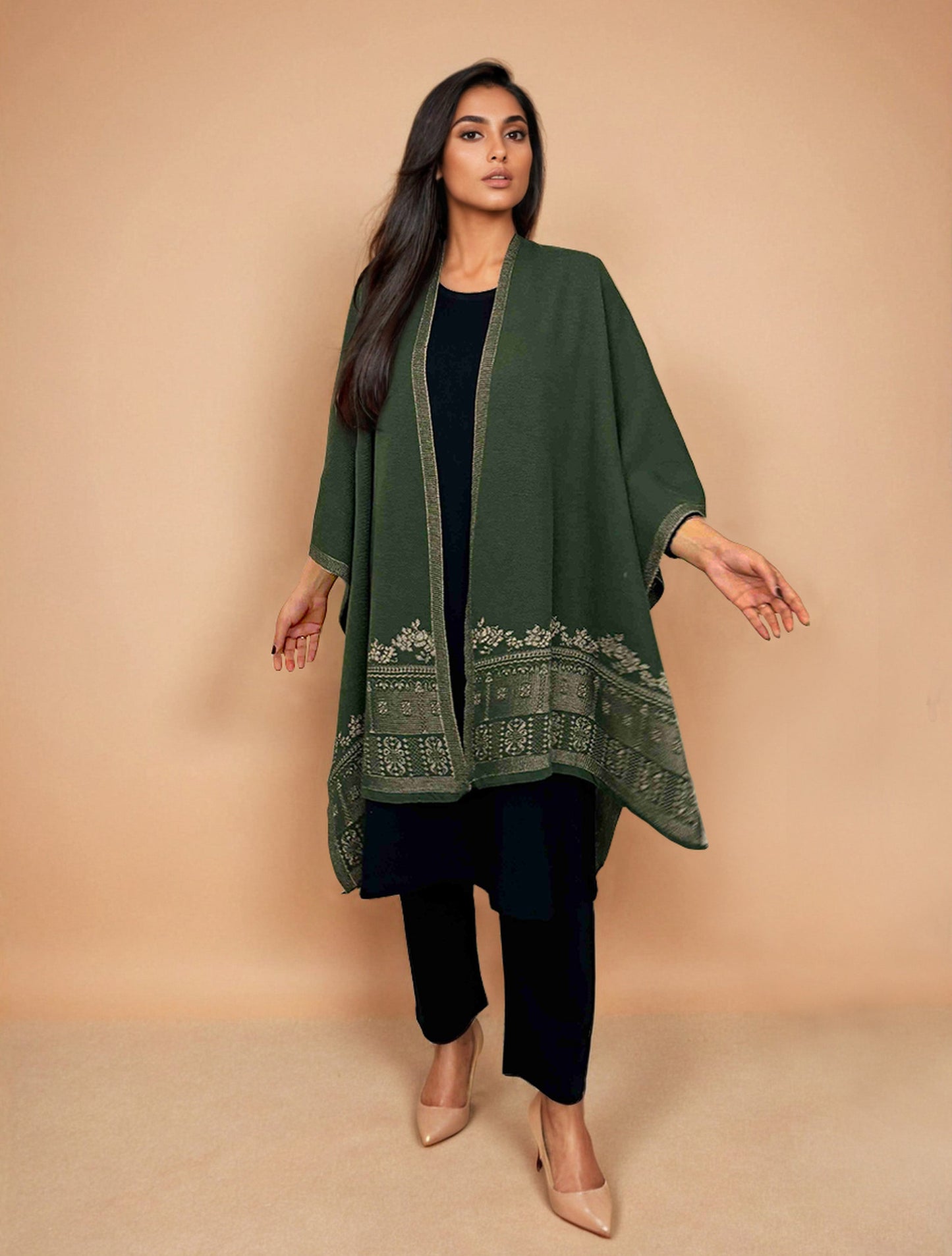 trueBrowns Green Woollen Kaftan Cape | Swadesiicart