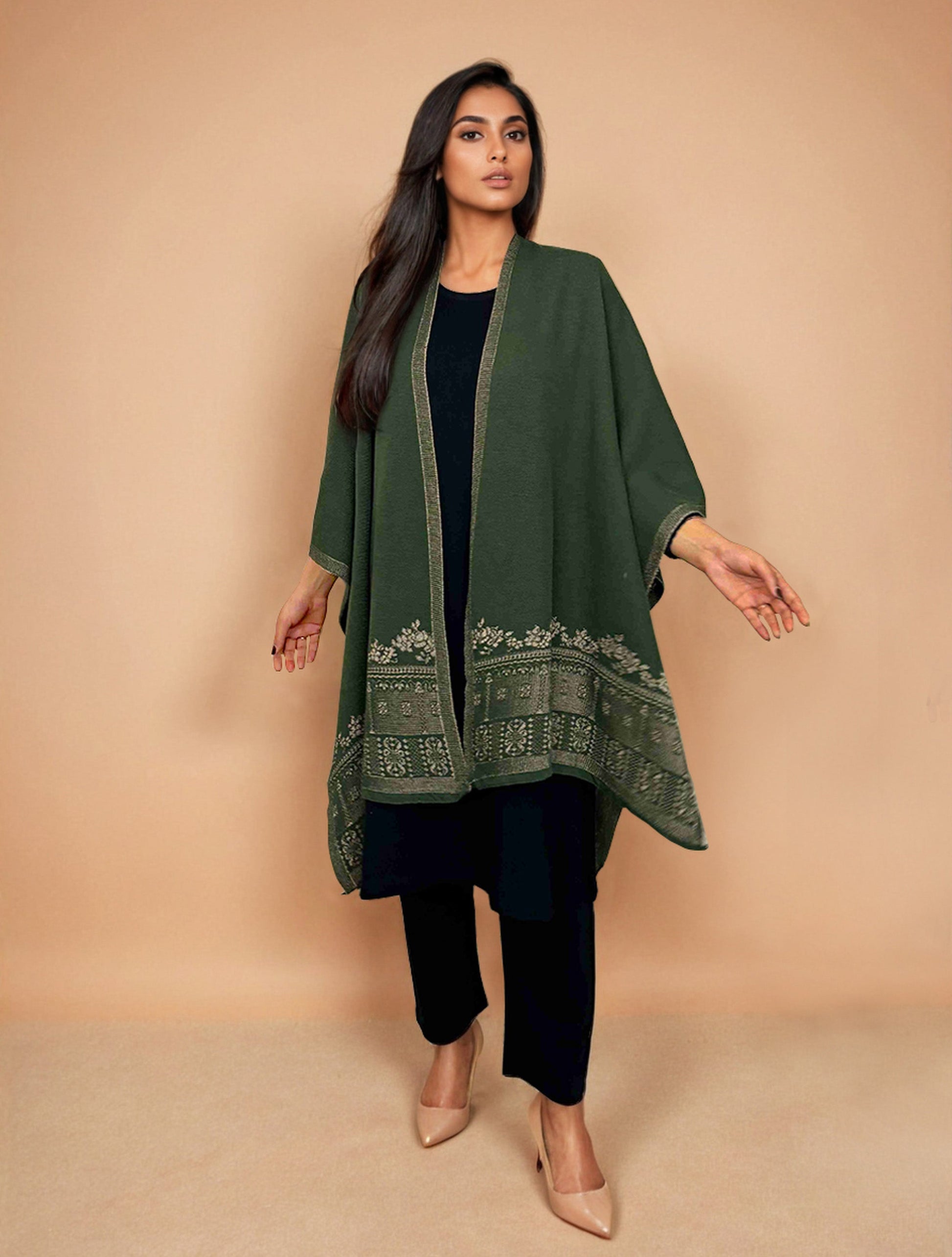 trueBrowns Green Woollen Kaftan Cape | Swadesiicart