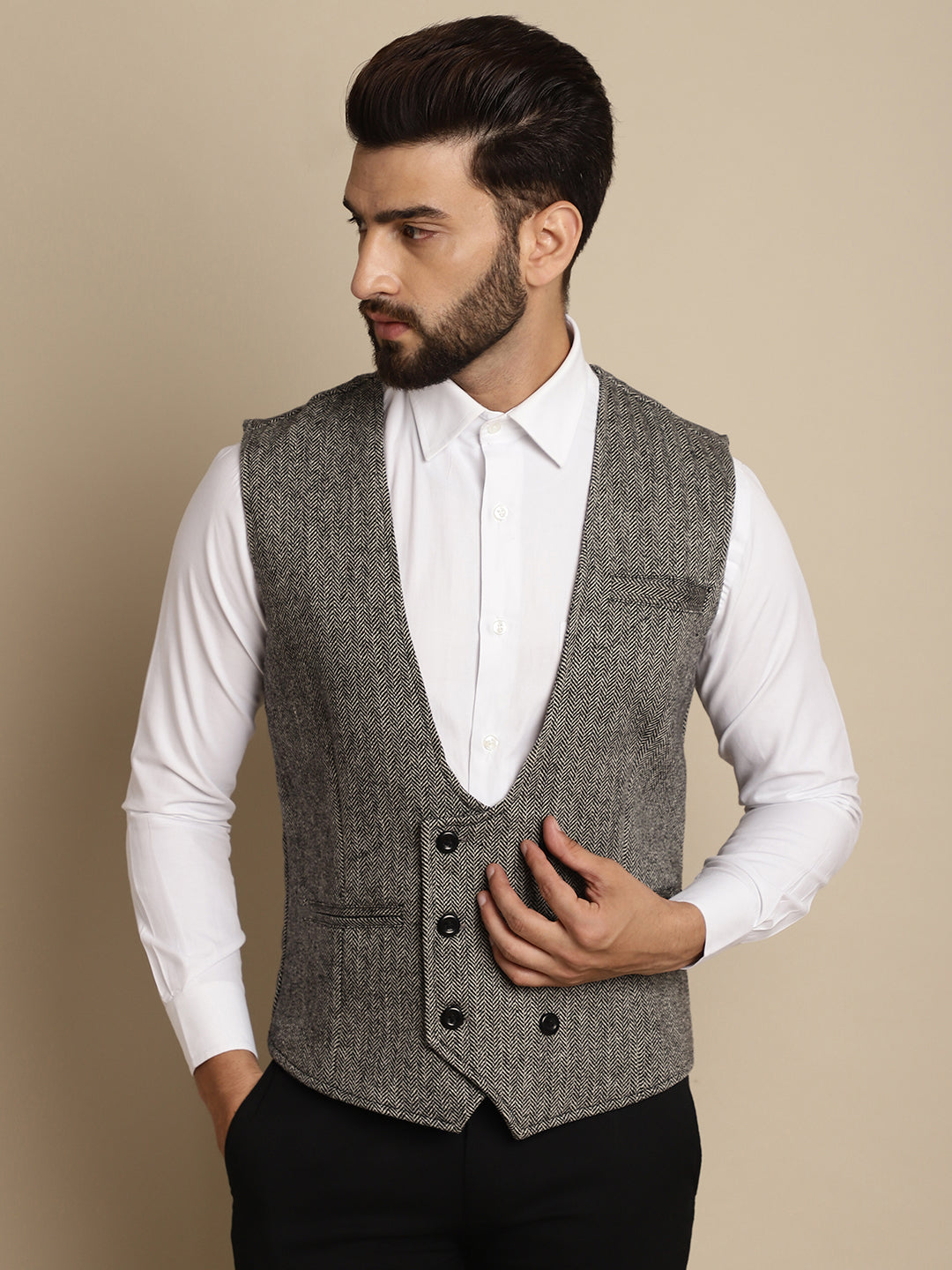 Even Apparels Men's Grey Woolen Double Breast Waistcoat | Swadesiicart