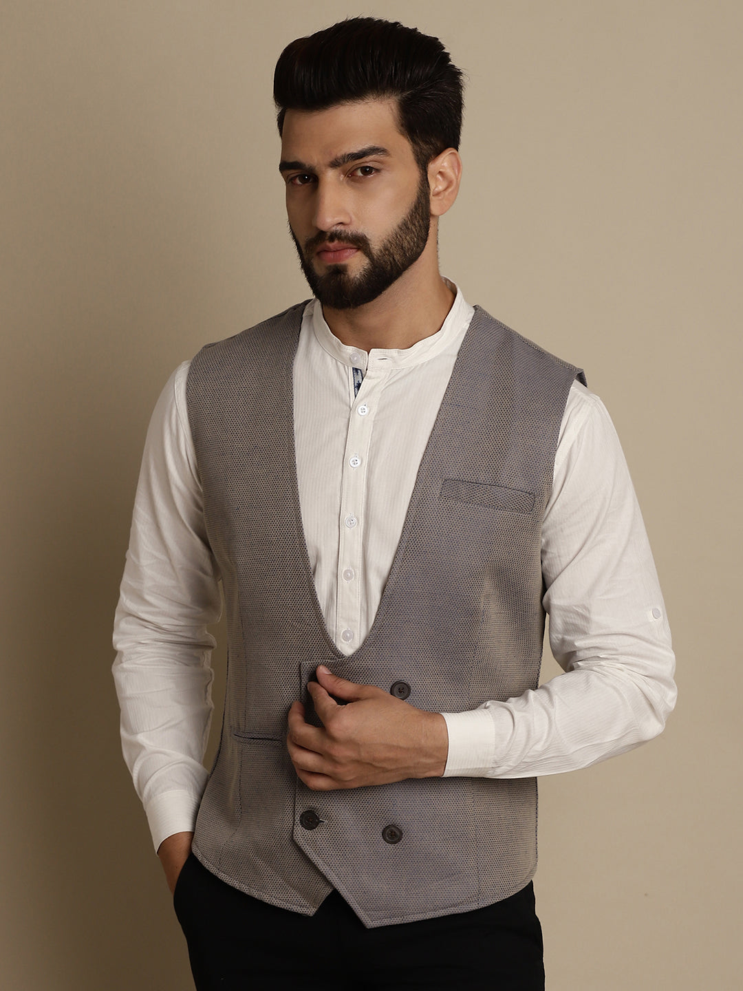 Even Apparels Men's Grey Double Breast Waistcoat | Swadesiicart