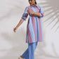 trueBrowns Blue Cotton Stripe Kurta Co-ord Set - Swadesiicart