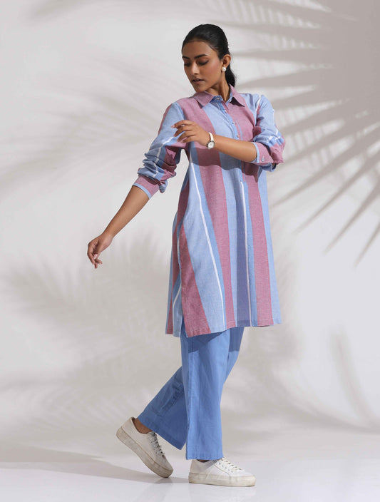 trueBrowns Blue Cotton Stripe Kurta Co-ord Set - Swadesiicart