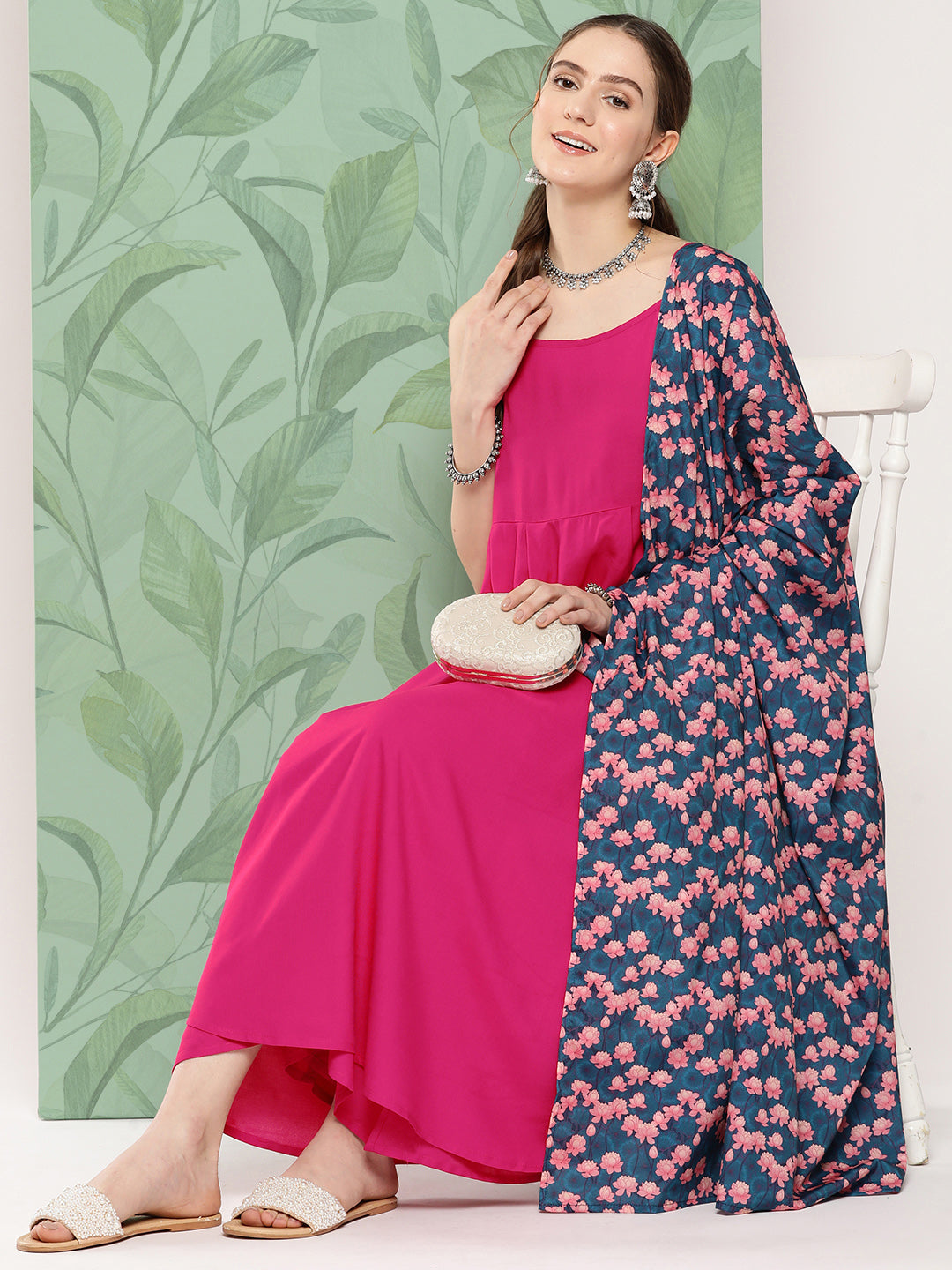 InWeave Women's Fuchsia Strappy Set W Navy Pink Lotus Cr Duptta - Swadesiicart