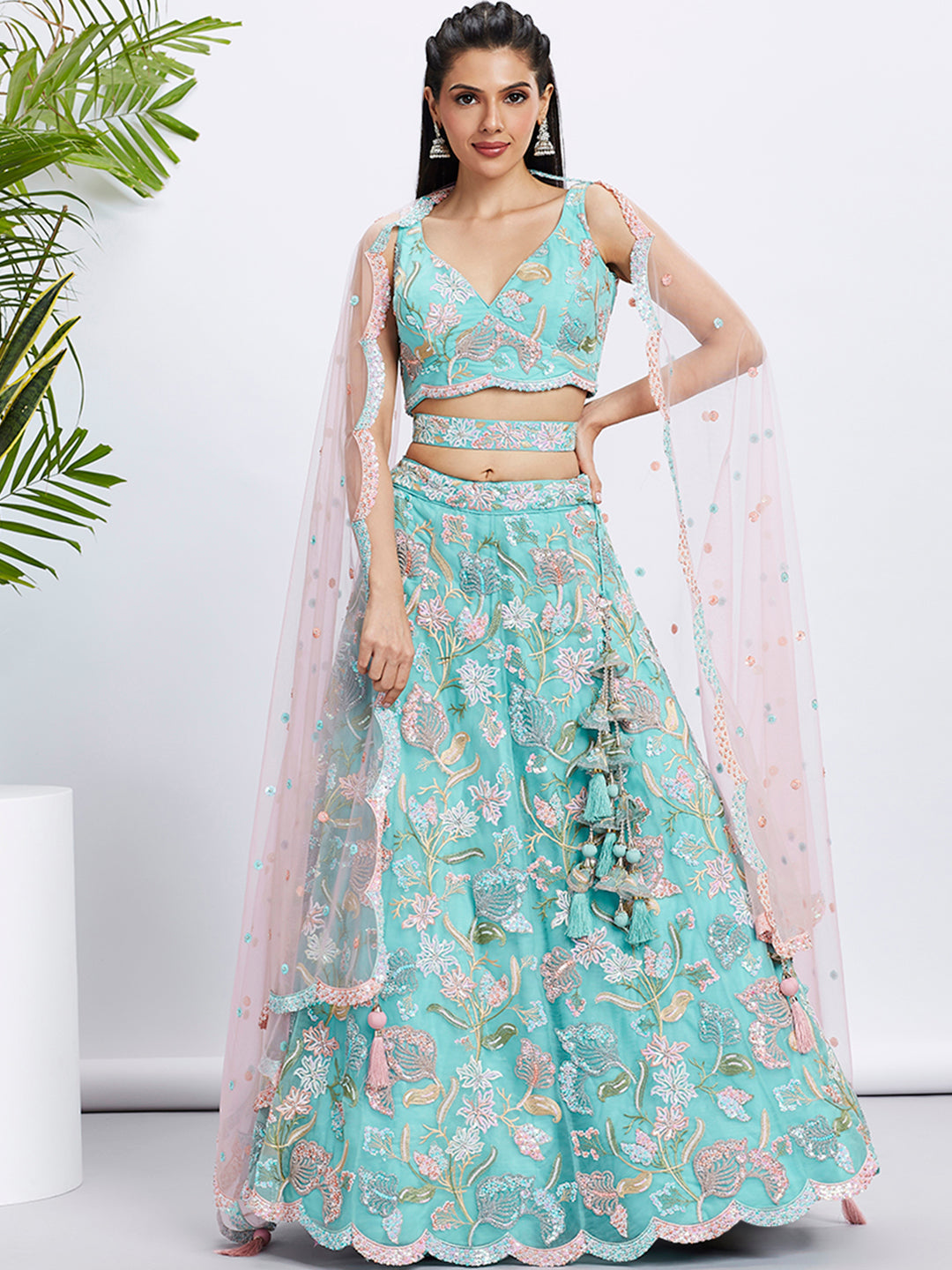 House of Panchhi Turquoise Blue Chiffon Sequins And Thread Embroidery Lehenga Choli & Printed Dupatta | Swadesiicart