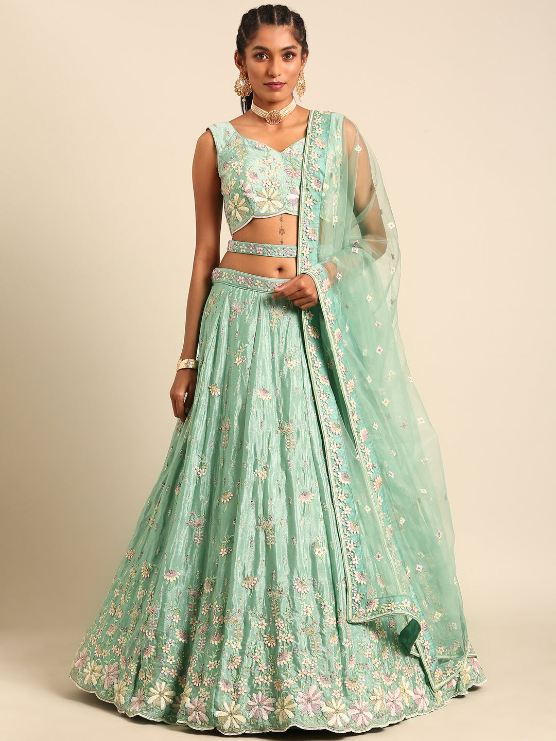 House of Panchhi Sea Green Georgette heavy Sequinse embroidery Lehenga choli & Dupatta | Swadesiicart