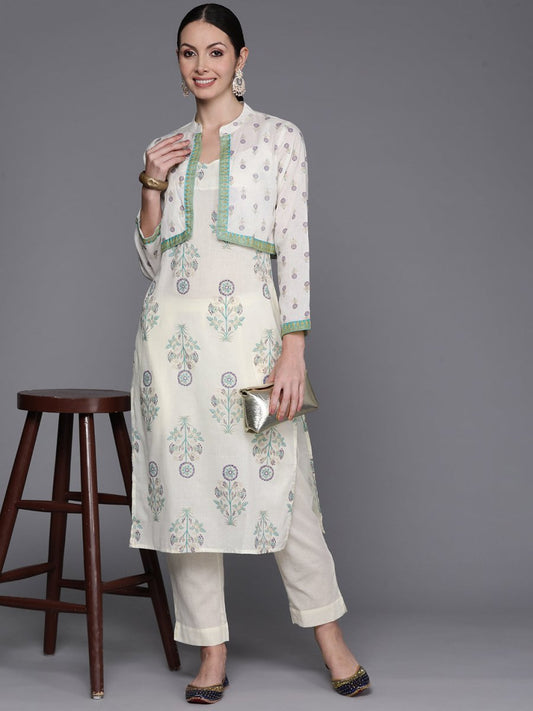 Ahalyaa Floral Printed Regular Pure Cotton Kurta with Trousers & Jacket | Swadesiicart