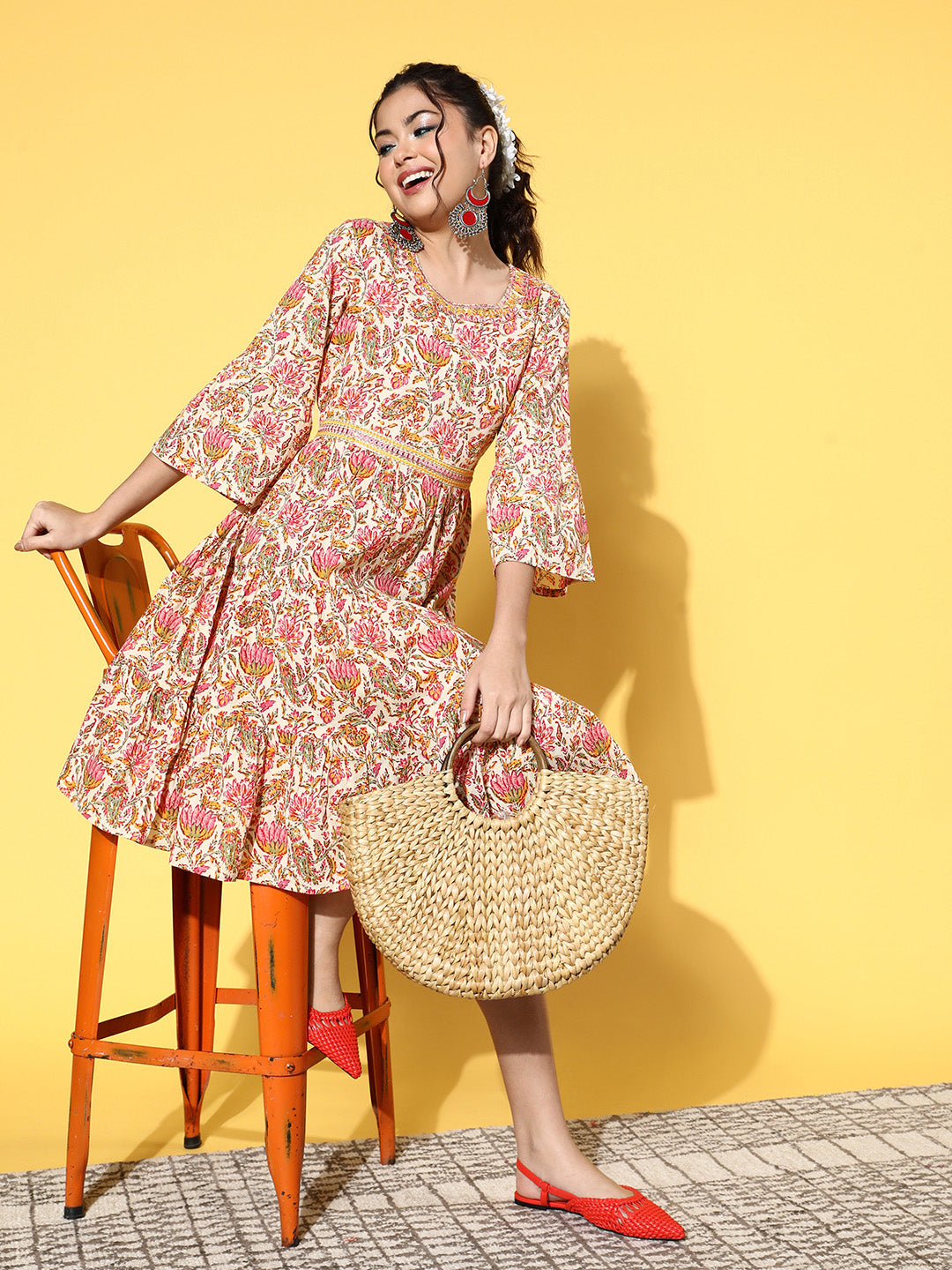 InWeave Women's Pink Boota Print Belted Dress - Swadesiicart
