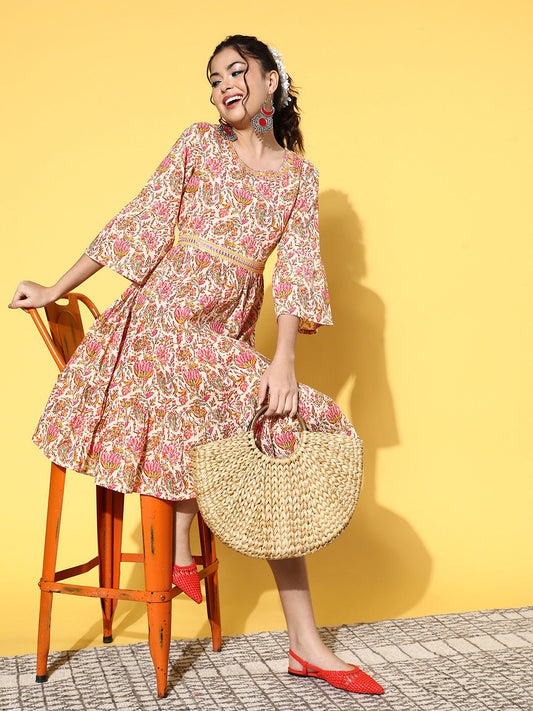 InWeave Women's Pink Boota Print Belted Dress - Swadesiicart