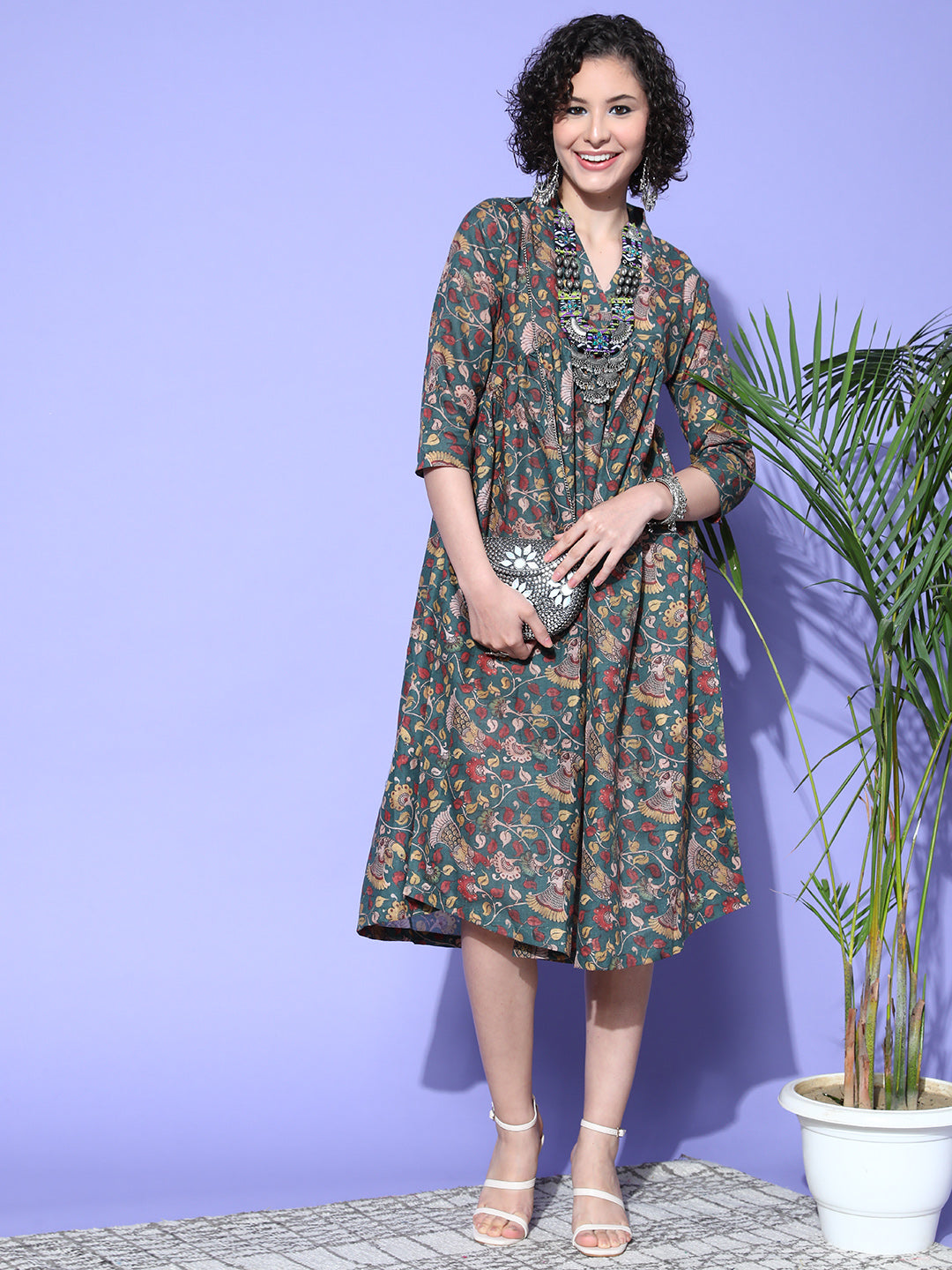 InWeave Women's Green Jaal Print Dress - Swadesiicart