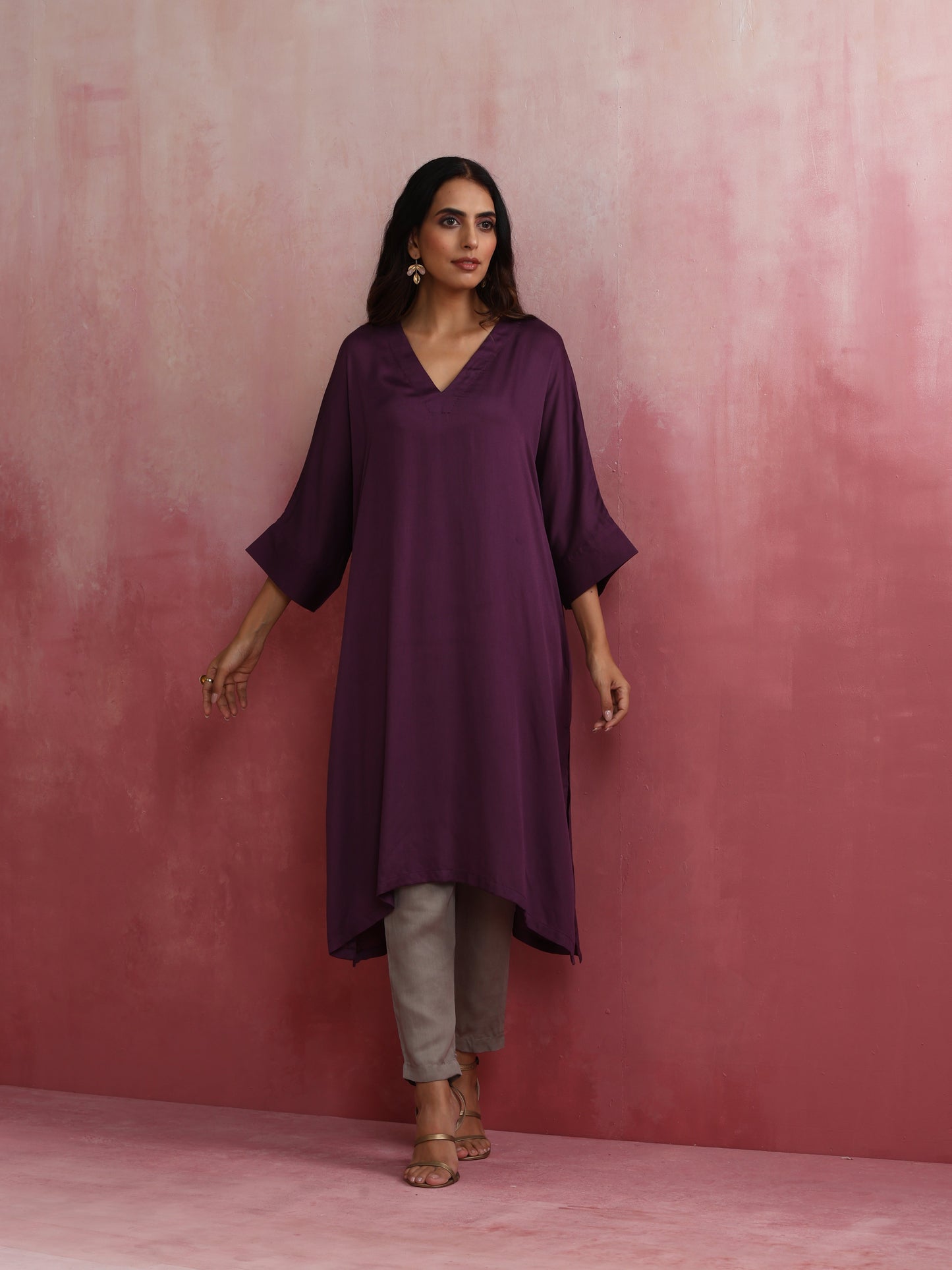 trueBrowns Purple Modal Kimono Kurta Set | Swadesiicart