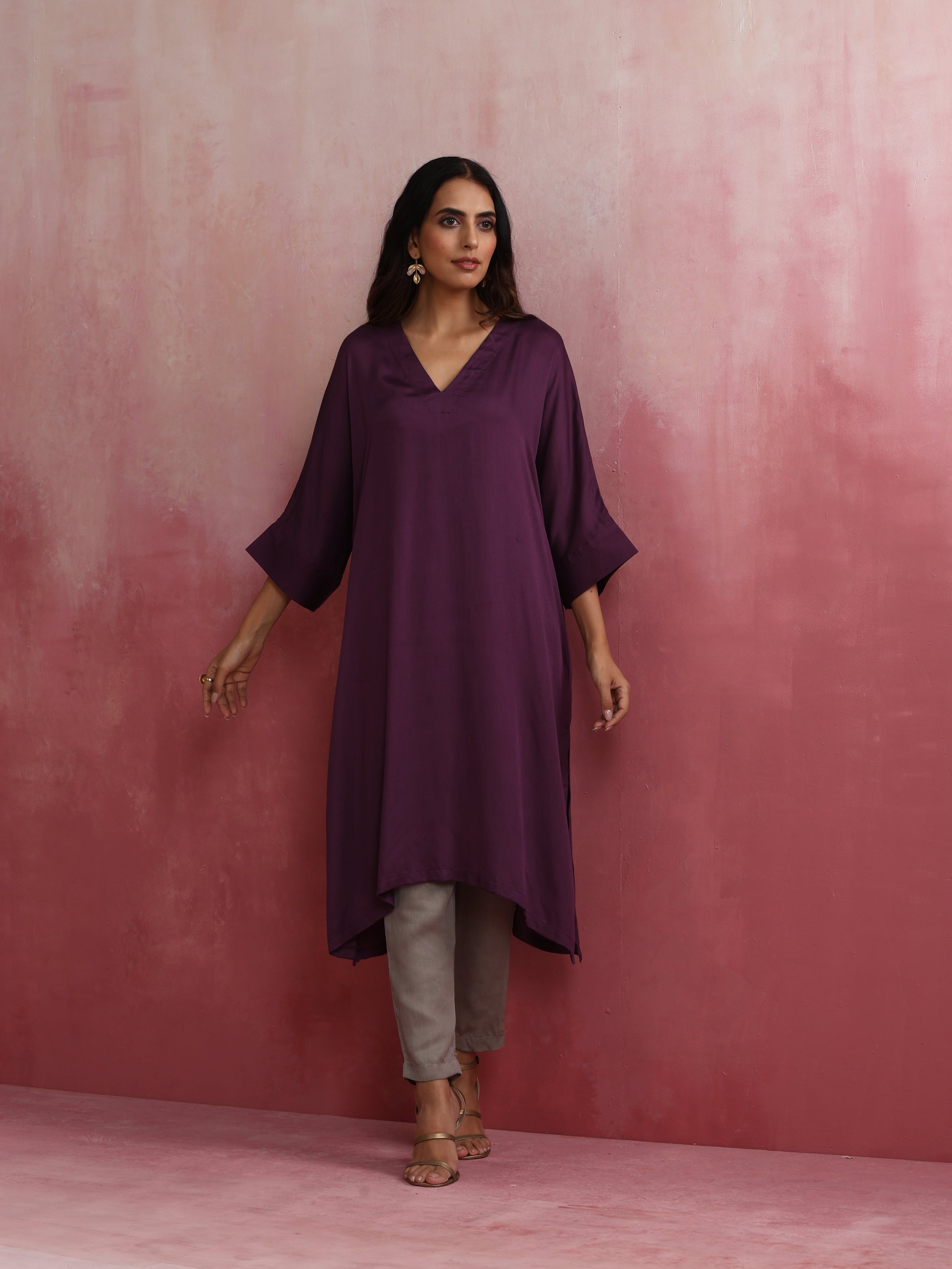 trueBrowns Purple Modal Kimono Kurta Set | Swadesiicart