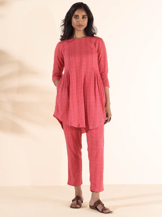 trueBrowns Pink Cotton Dobby Co-ord Set - Swadesiicart