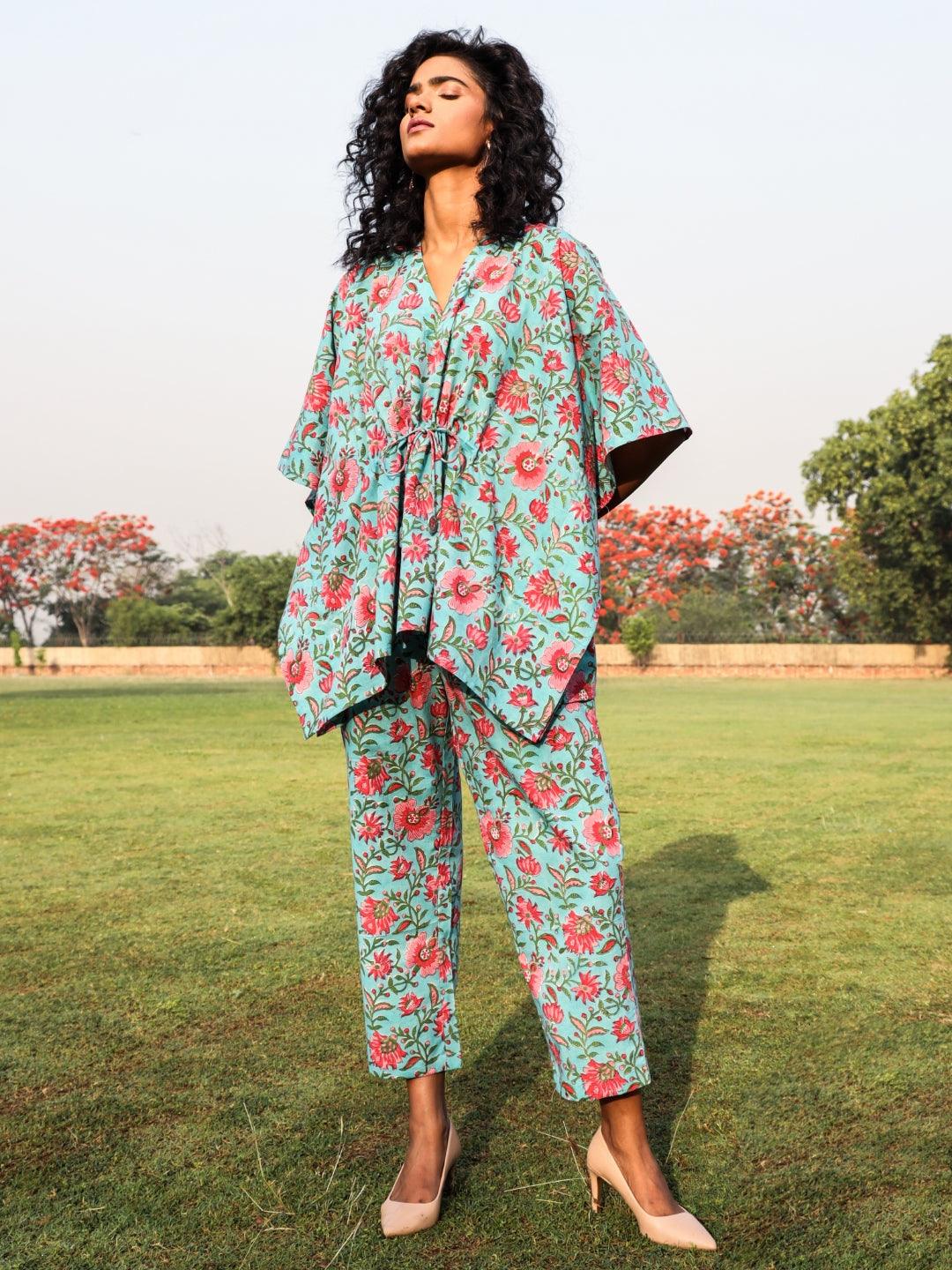 trueBrowns Aqua Cotton Block Print Kaftan Co-Ord Set - Swadesiicart
