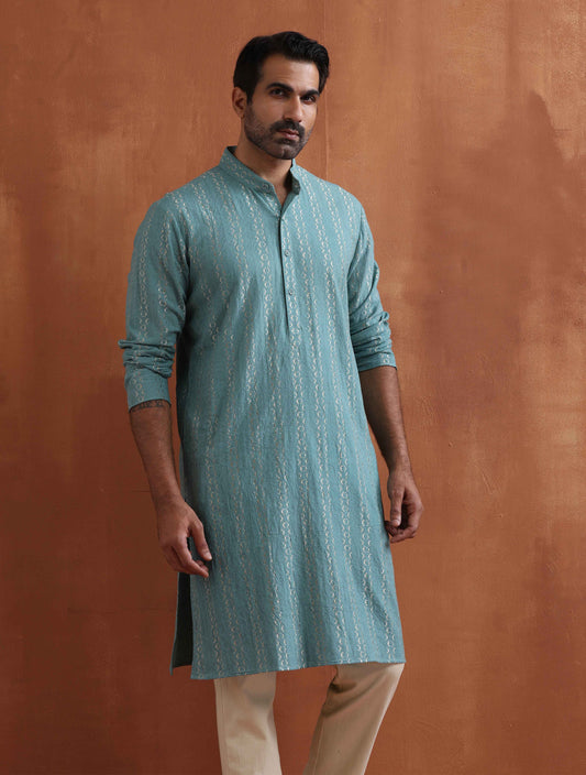 trueBrowns Men's Green Textured Cotton Dobby Kurta | Swadesiicart