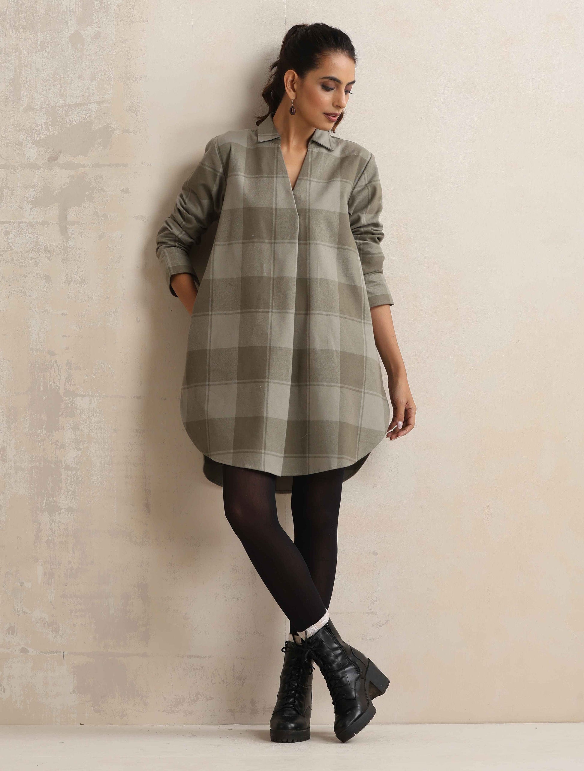 trueBrowns Green Check Pleated Winter Top | Swadesiicart