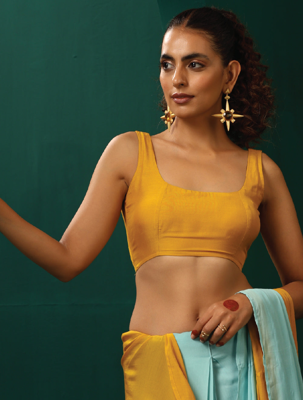 trueBrowns Mustard Muslin Silk Scoop Neck Sleeveless Blouse | Swadesiicart