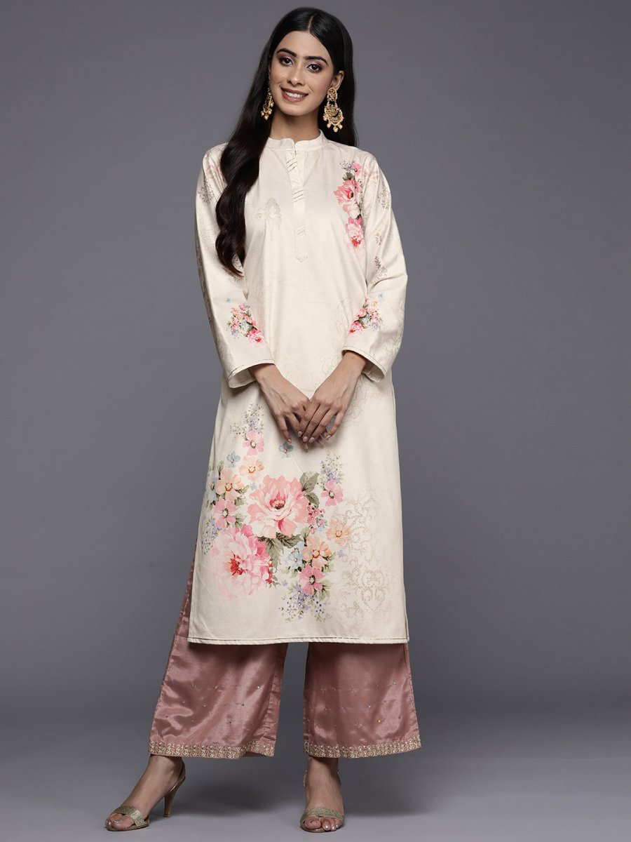 Ahalyaa Women Cream-Coloured & Pink Floral Printed Gotta Patti Floral Velvet Kurta | Swadesiicart