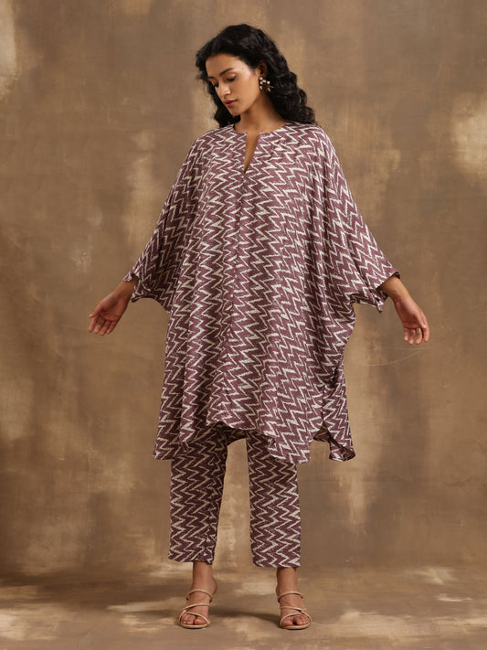 trueBrowns Dark Mauve Zig Zag Printed Silk Kaftan Co-Ord Set - Swadesiicart