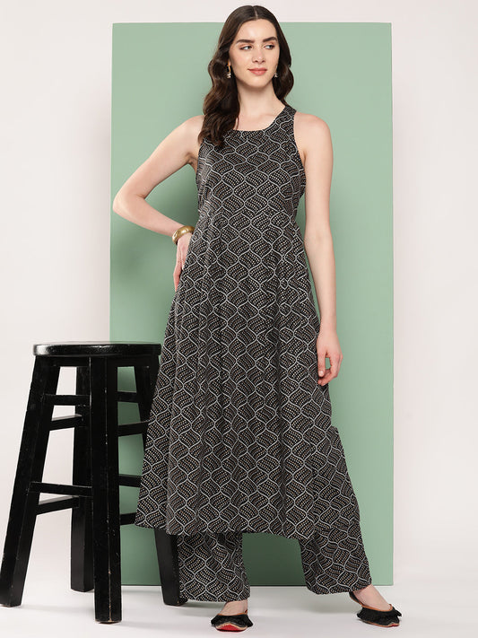 InWeave Women's Black Bandhej Print Raisa Back Detial Long Coords Set - Swadesiicart