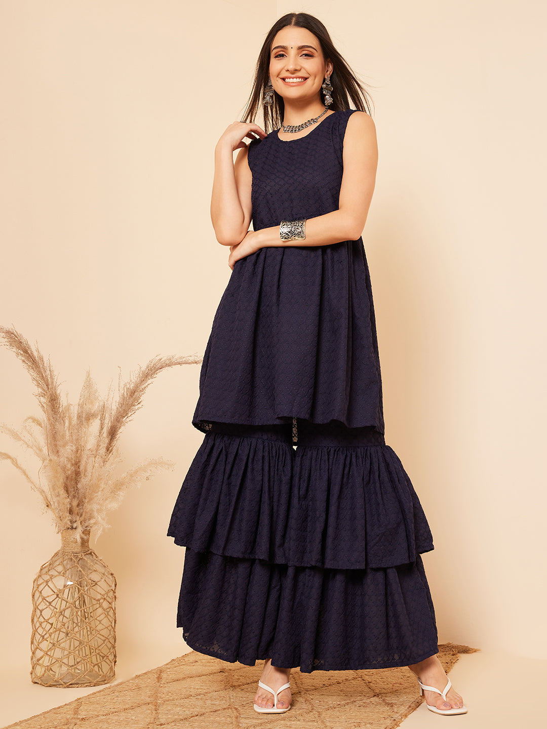 InWeave Women's Navy Blue Lace Work Double Layer Sharara Set - Swadesiicart