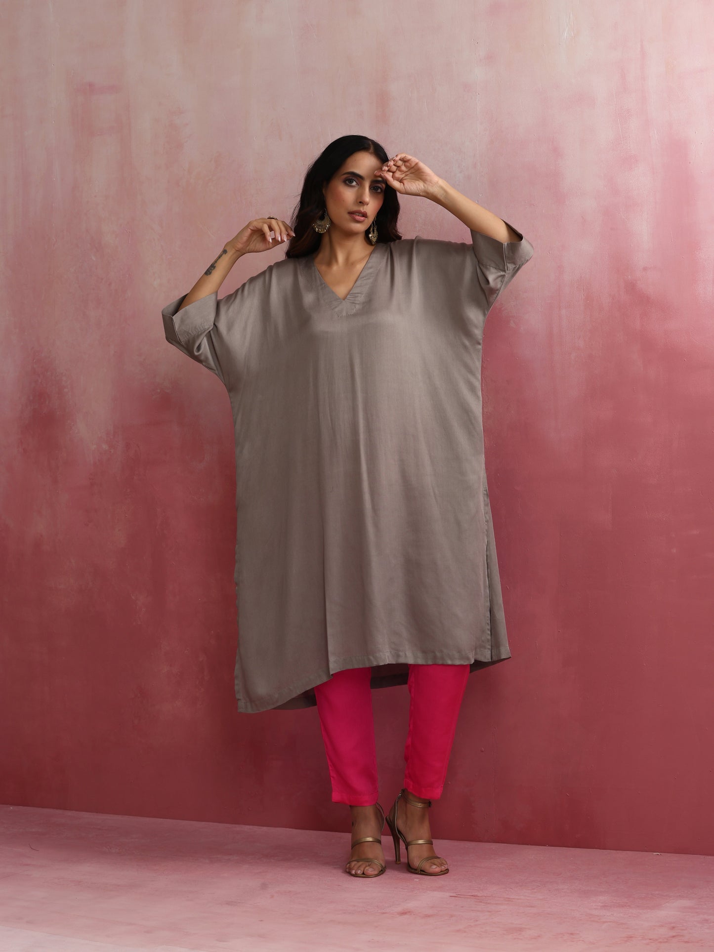 trueBrowns Grey Modal Kimono Kurta Set | Swadesiicart