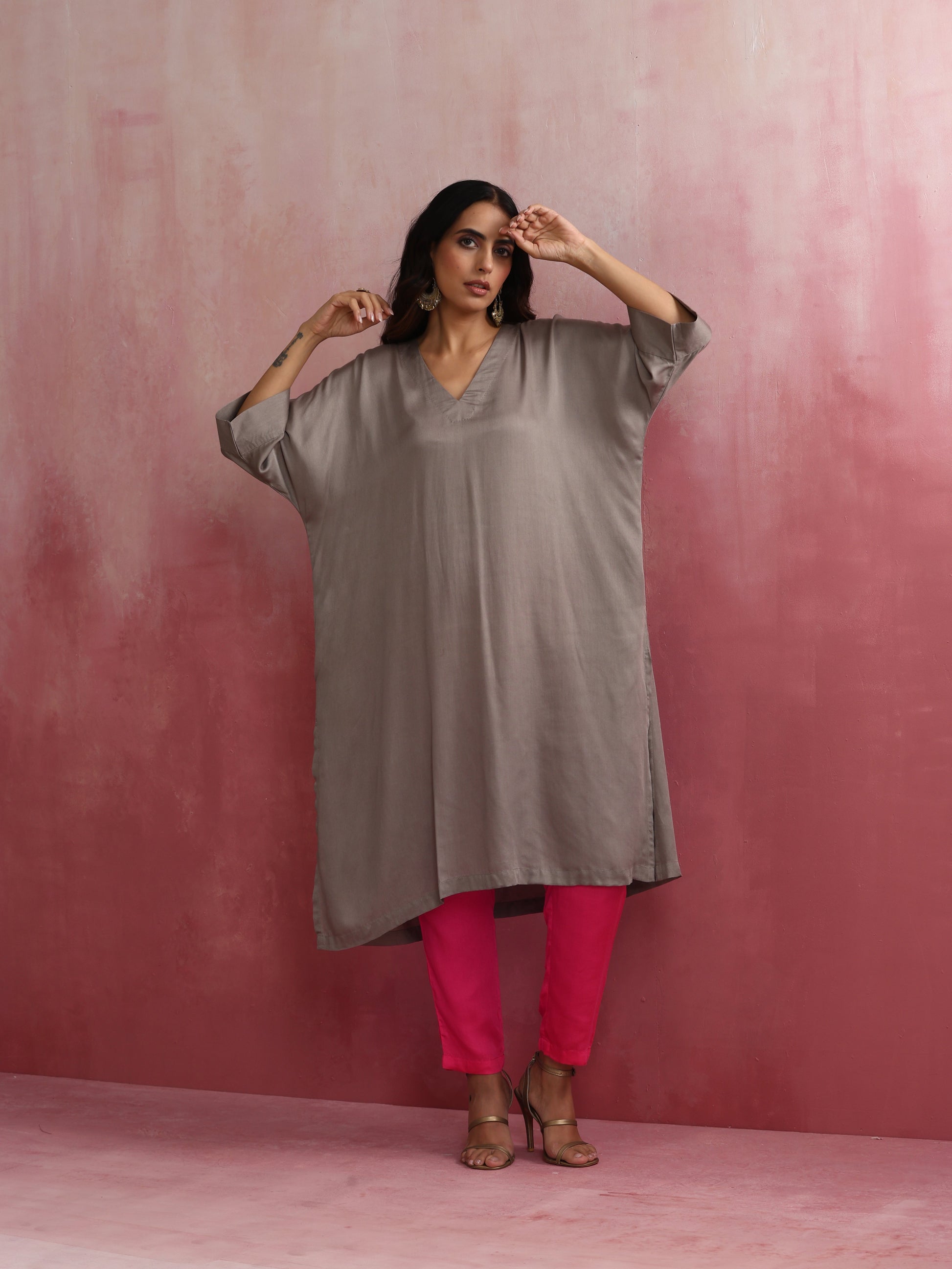 trueBrowns Grey Modal Kimono Kurta Set | Swadesiicart
