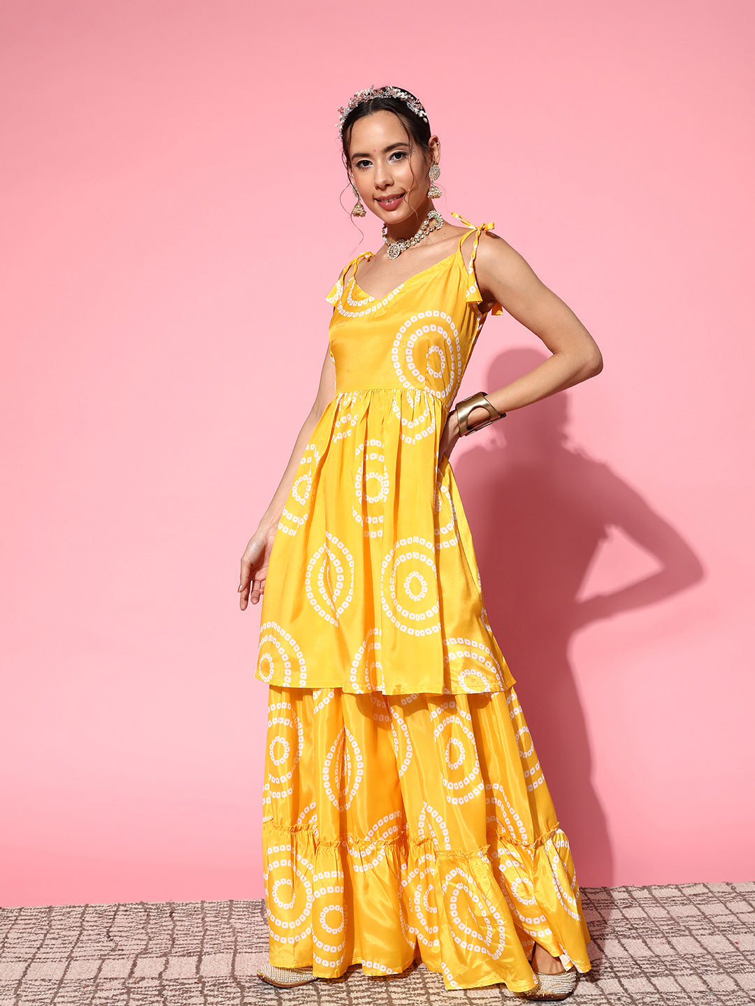 InWeave Women's Yellow Bandhani Motif Shoulder Tie Up Kurta Set - Swadesiicart