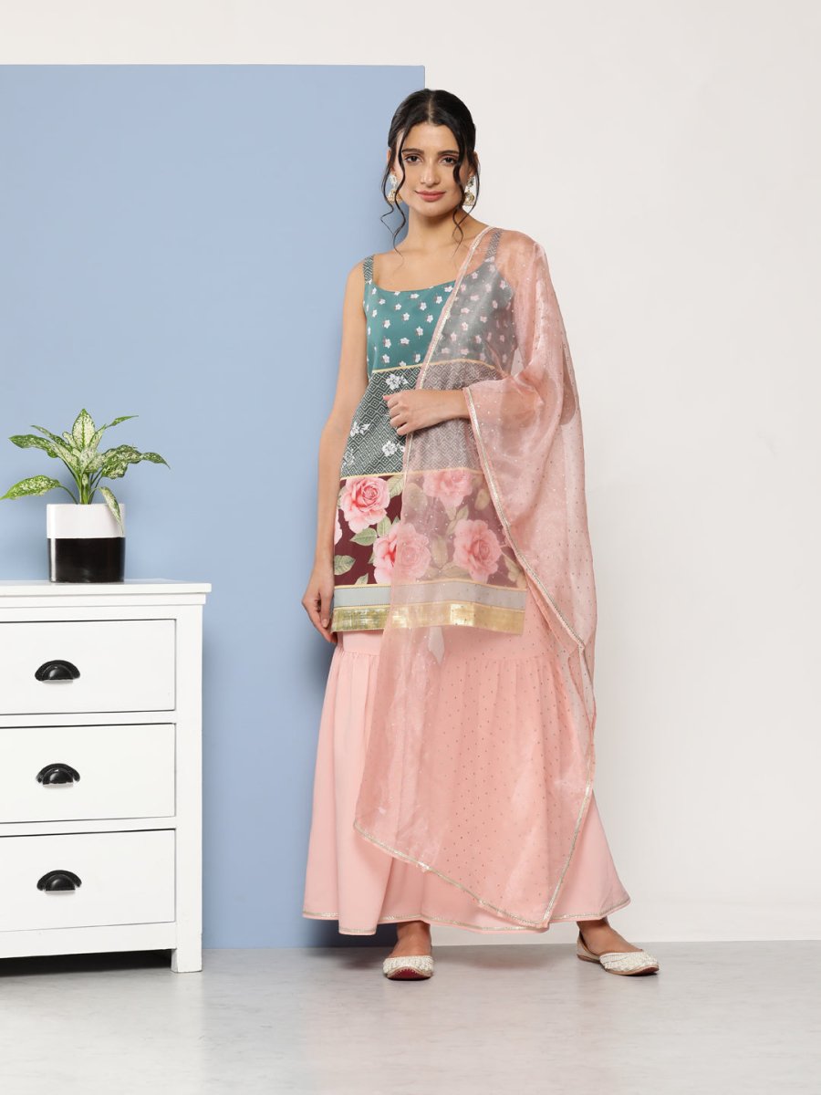 Ahalyaa Women Green Floral Printed Gotta Patti Kurta with Sharara & With Dupatta | Swadesiicart