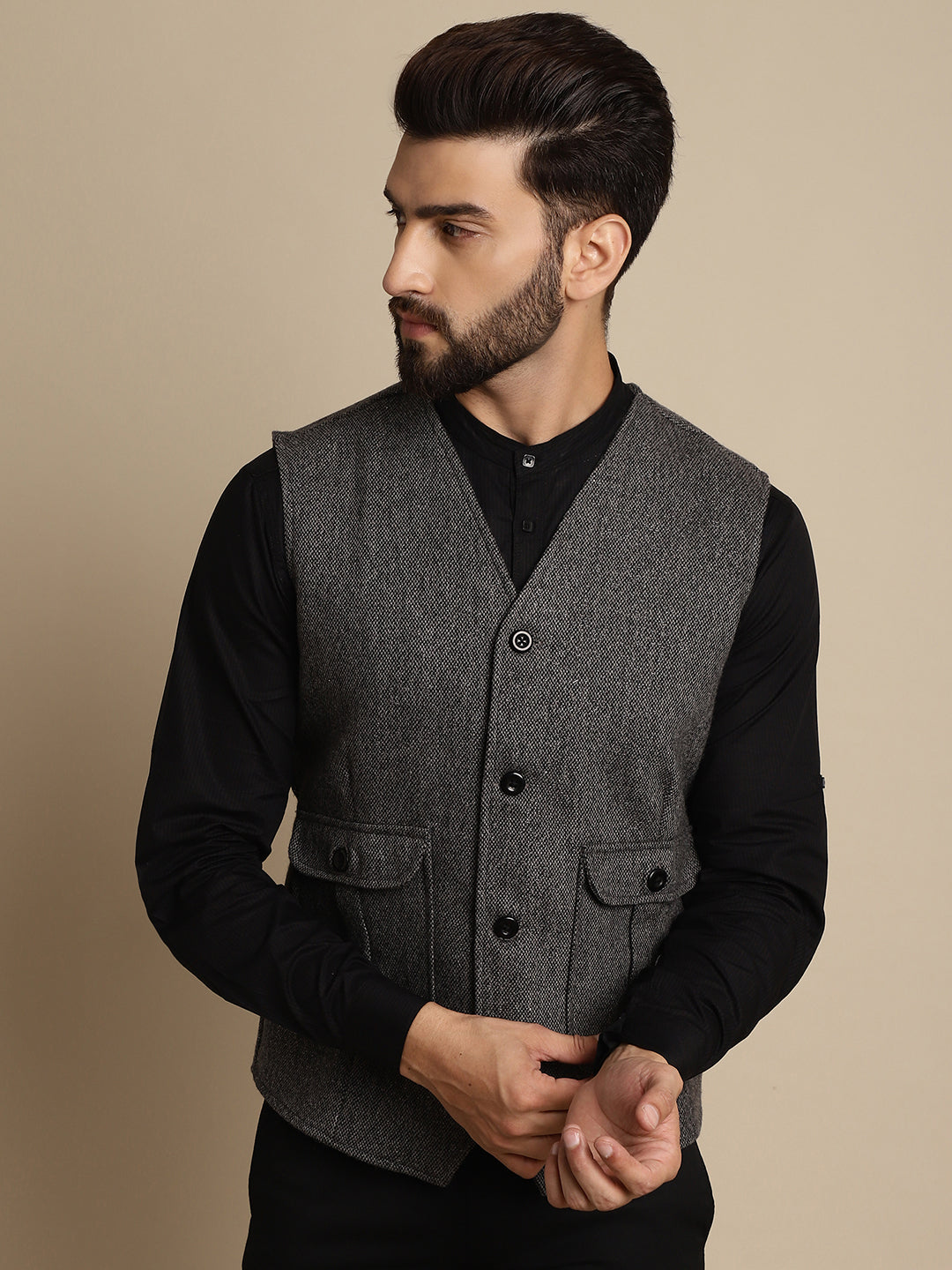 Even Apparels Men's Grey Woolen Waistcoat With Patch Pocket | Swadesiicart