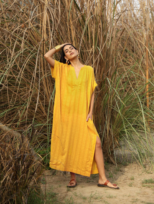 trueBrowns Mustard Cotton Dobby Oversized Dress | Swadesiicart