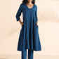 trueBrowns Blue Cotton Dobby Flared Kurta Pant Set | Swadesiicart