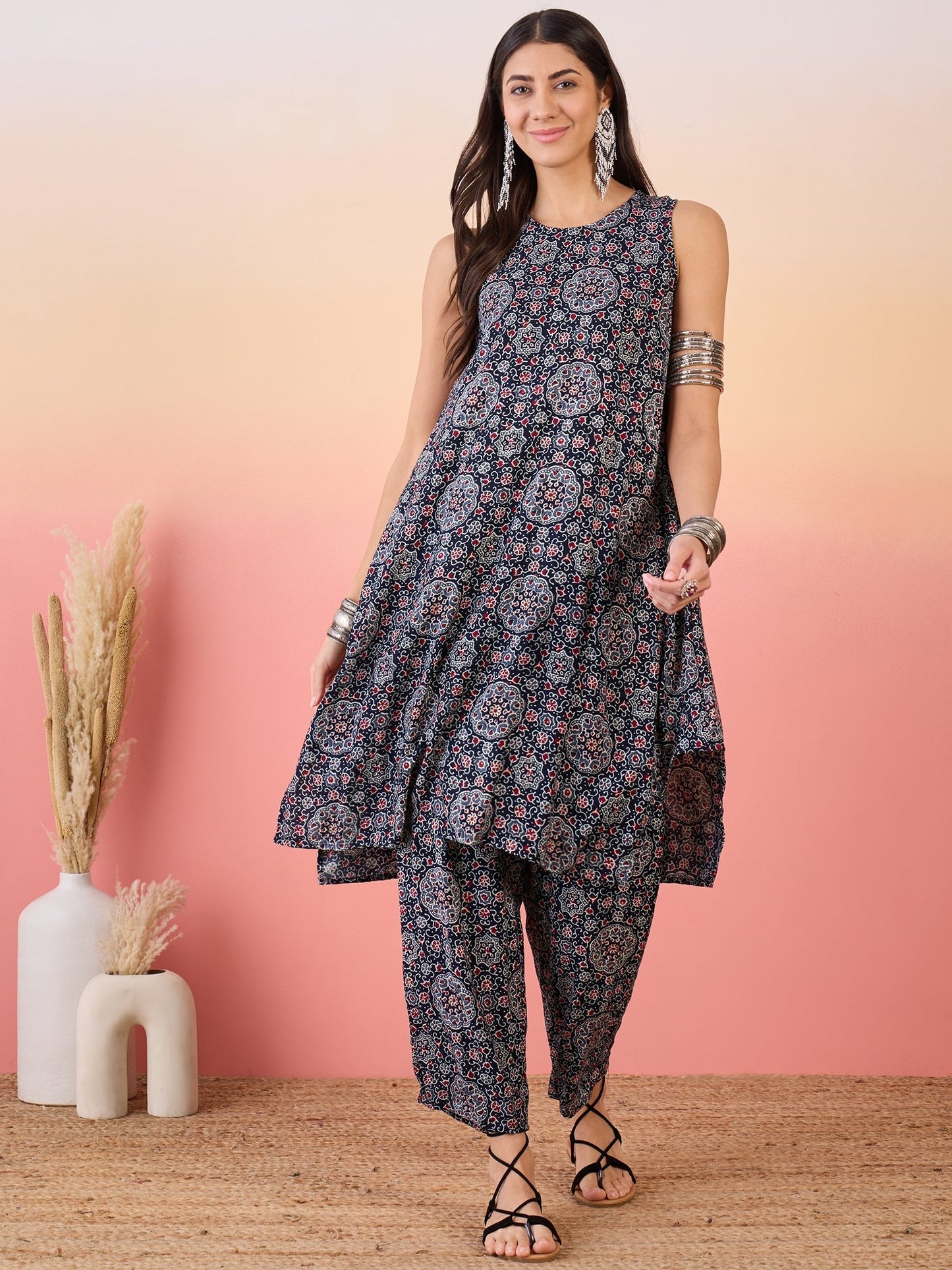 InWeave Navy Maroon Ajrakh Foil Round Neck Kurta Pant Set - Swadesiicart