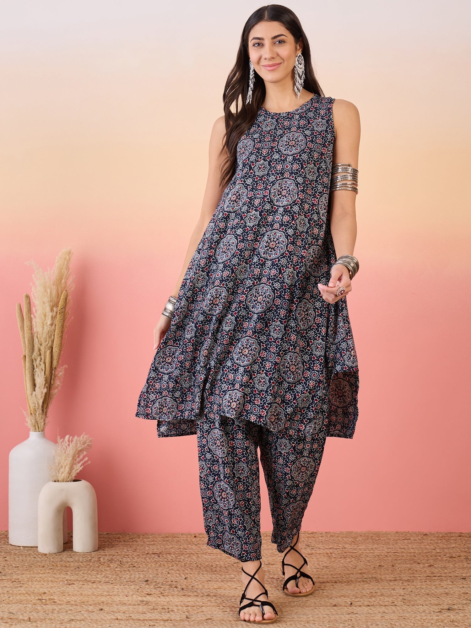 InWeave Navy Maroon Ajrakh Foil Round Neck Kurta Pant Set - Swadesiicart