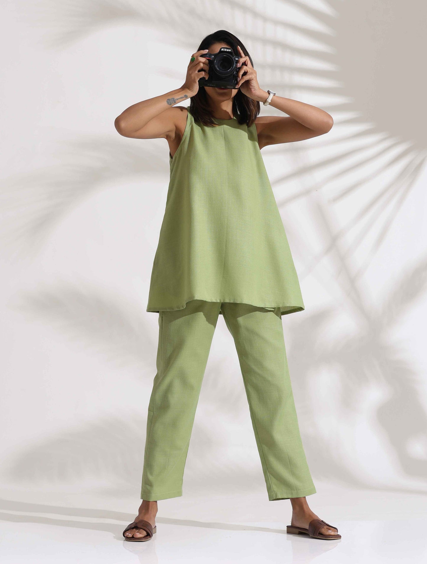 trueBrowns Green Slub Co-ord Set - Swadesiicart
