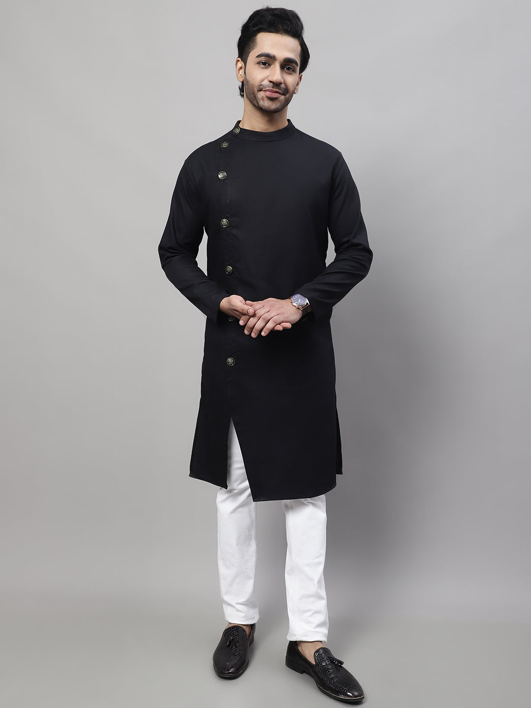 Even Apparels Black Sherwani Kurta With Asymetrical Cut | Swadesiicart