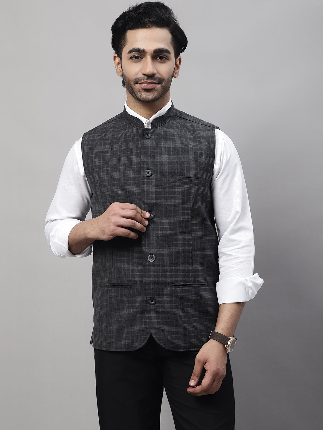 Even Apparels Men's Grey Nehru Jacket With Welt Pockets | Swadesiicart