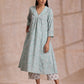trueBrowns Tiffany Blue Floral Block Print Cotton Front Neck Gathered Kurta Pant Set | Swadesiicart