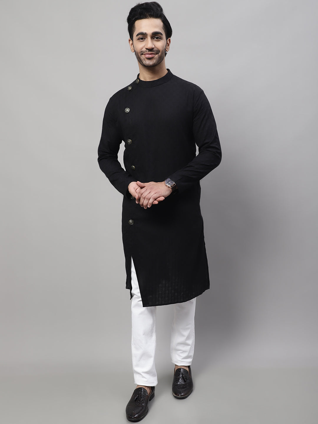 Even Apparels Black Sherwani Kurta With Asymetrical Cut | Swadesiicart