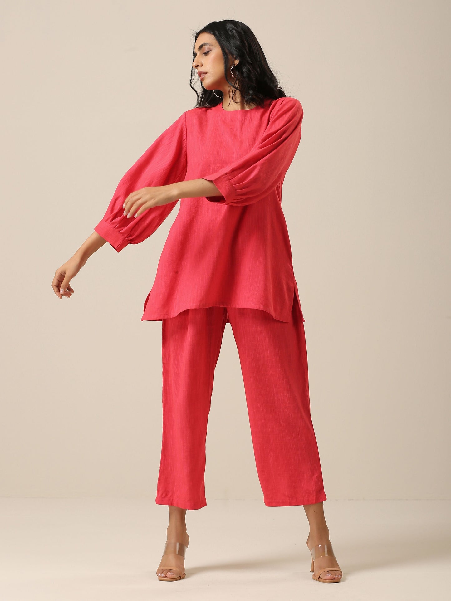 trueBrowns Bright Pink Slub Texture Baggy Sleeve Co-Ord Set | Relove - Swadesiicart