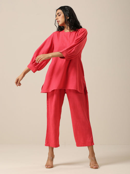 trueBrowns Bright Pink Slub Texture Baggy Sleeve Co-Ord Set | Relove - Swadesiicart
