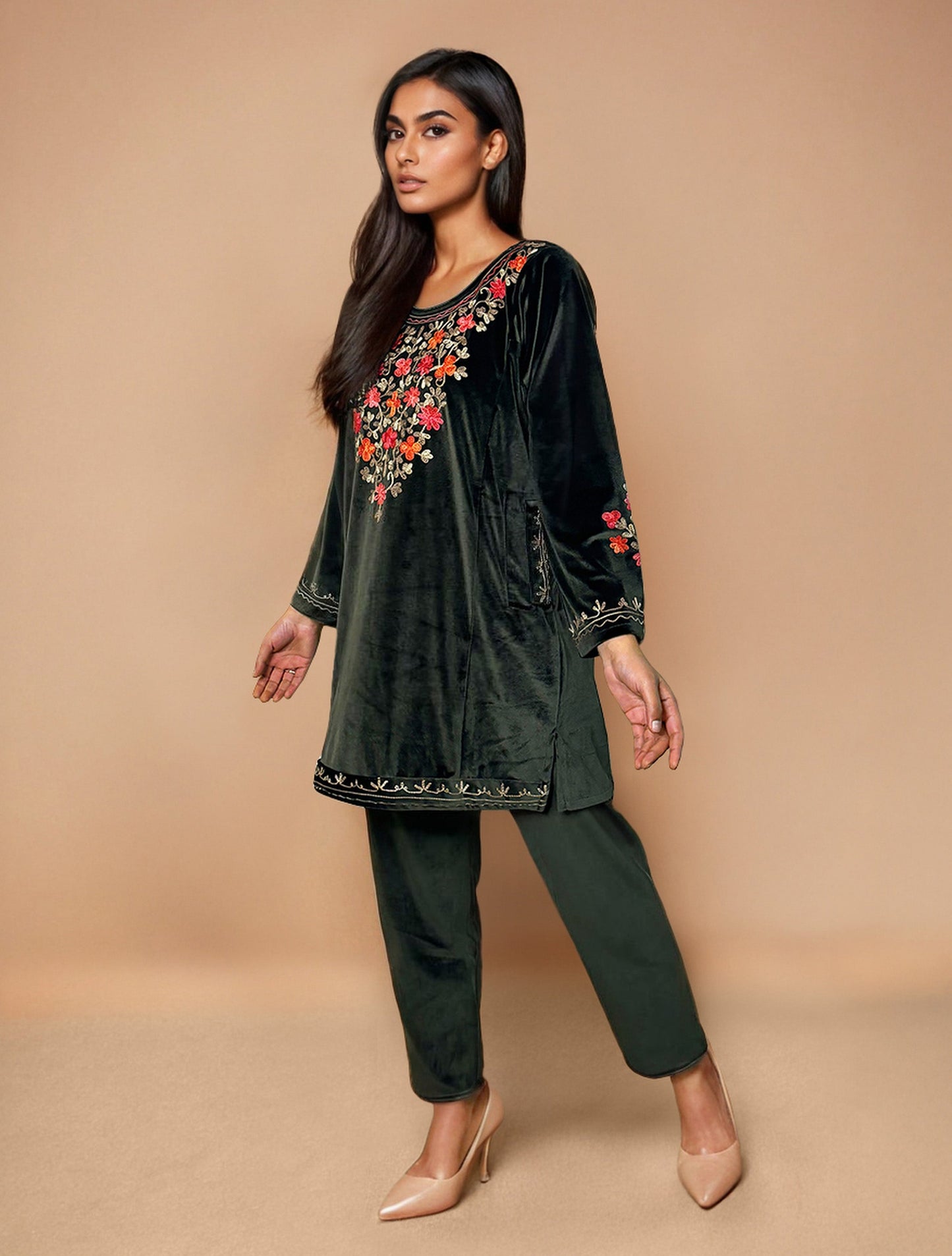 trueBrowns Olive Green Velvet Embroidered Co-ord Set - Swadesiicart