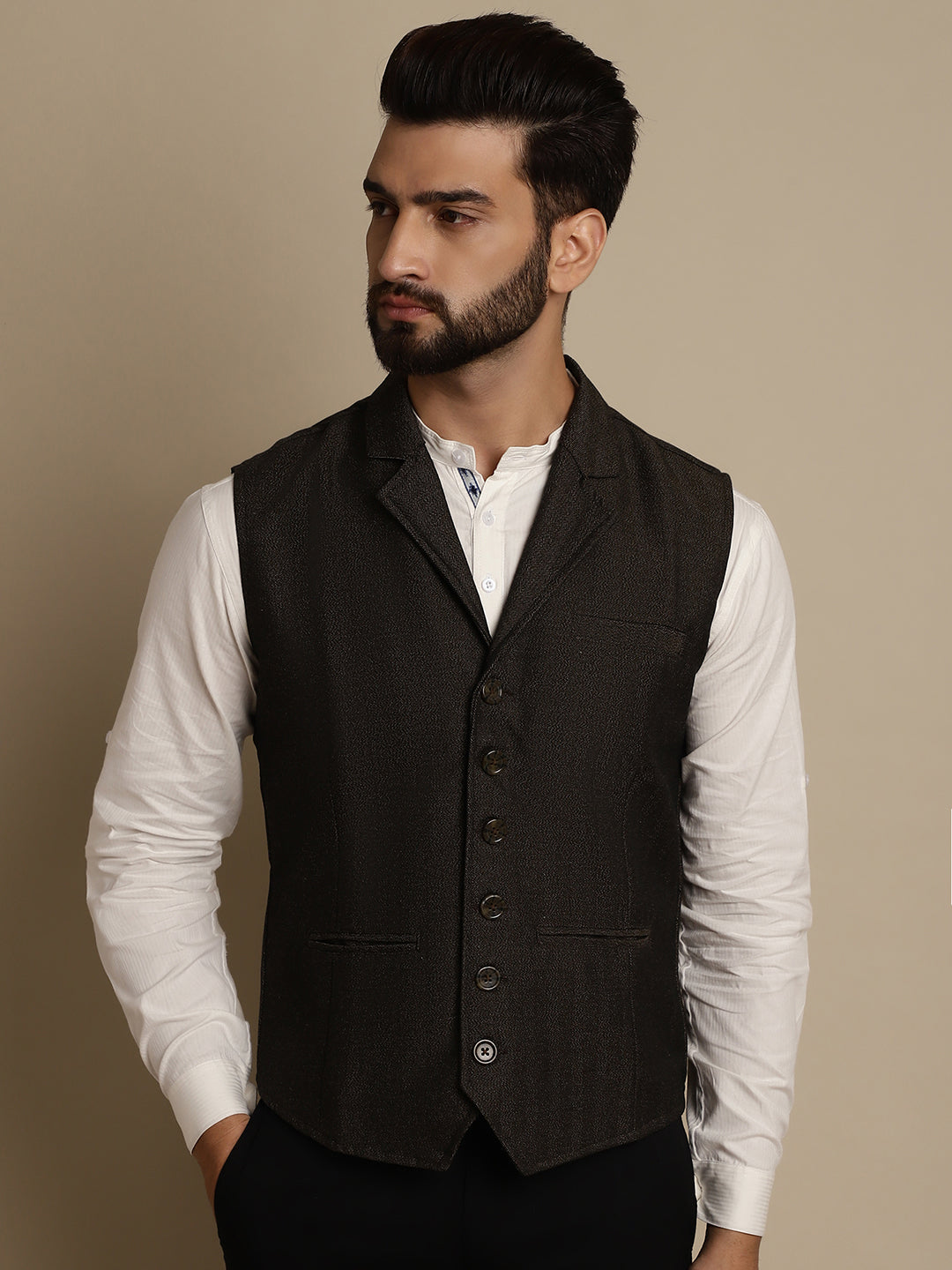 Even Apparels Men's Brown Wool Waistcoat with Notched Lapel | Swadesiicart