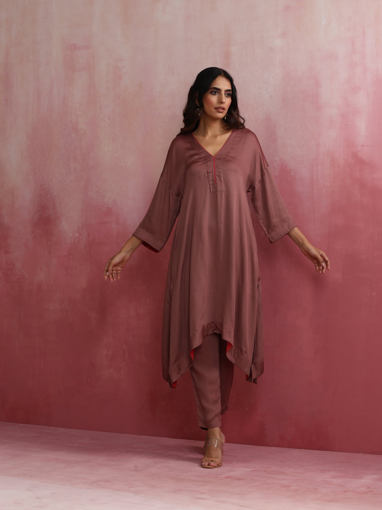 trueBrowns Brown Modal High low Kurta Set | Swadesiicart