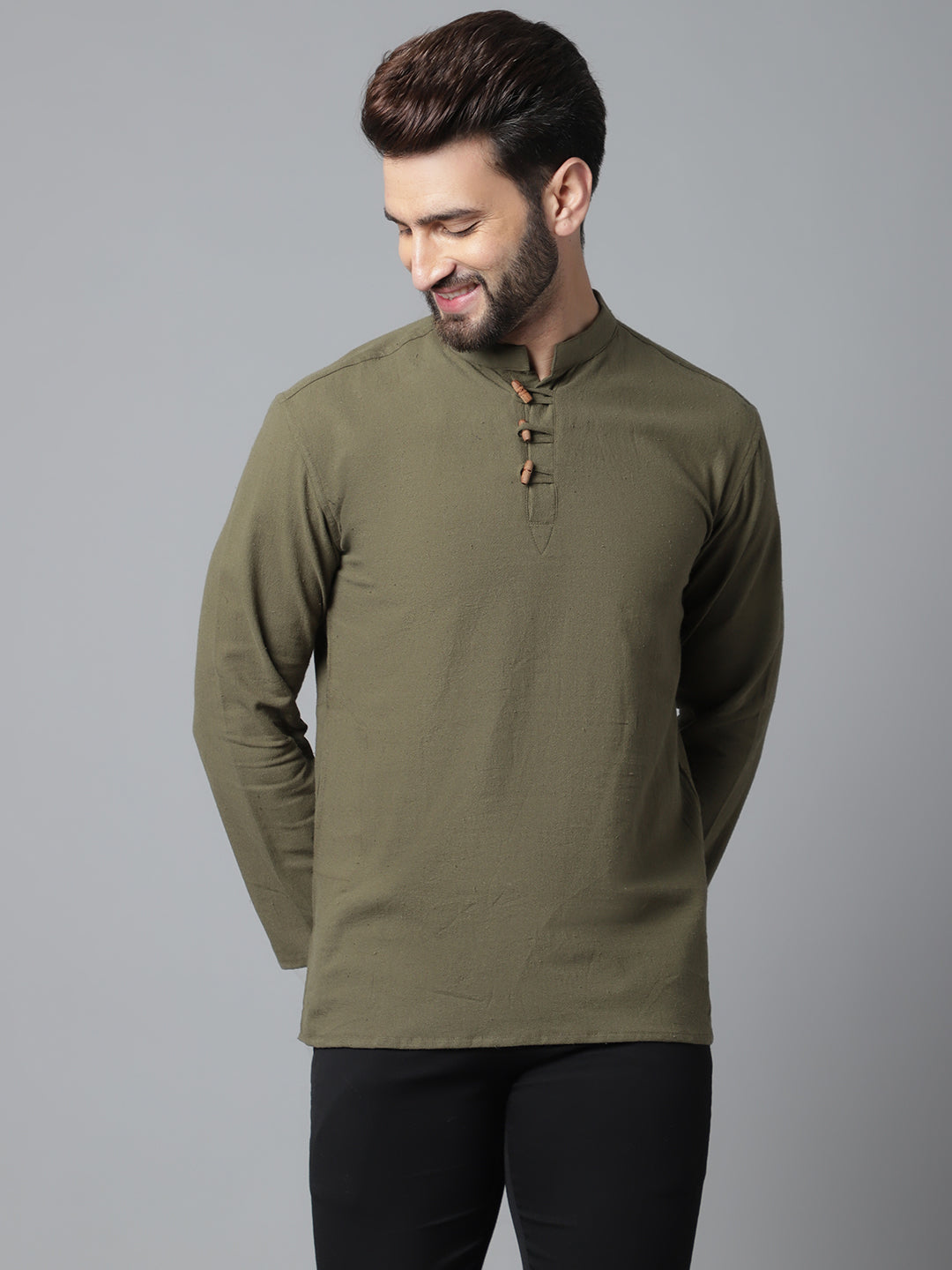Indian Clothing Even Apparels Green Pure Cotton Kurta With Band Collar | Swadesiicart