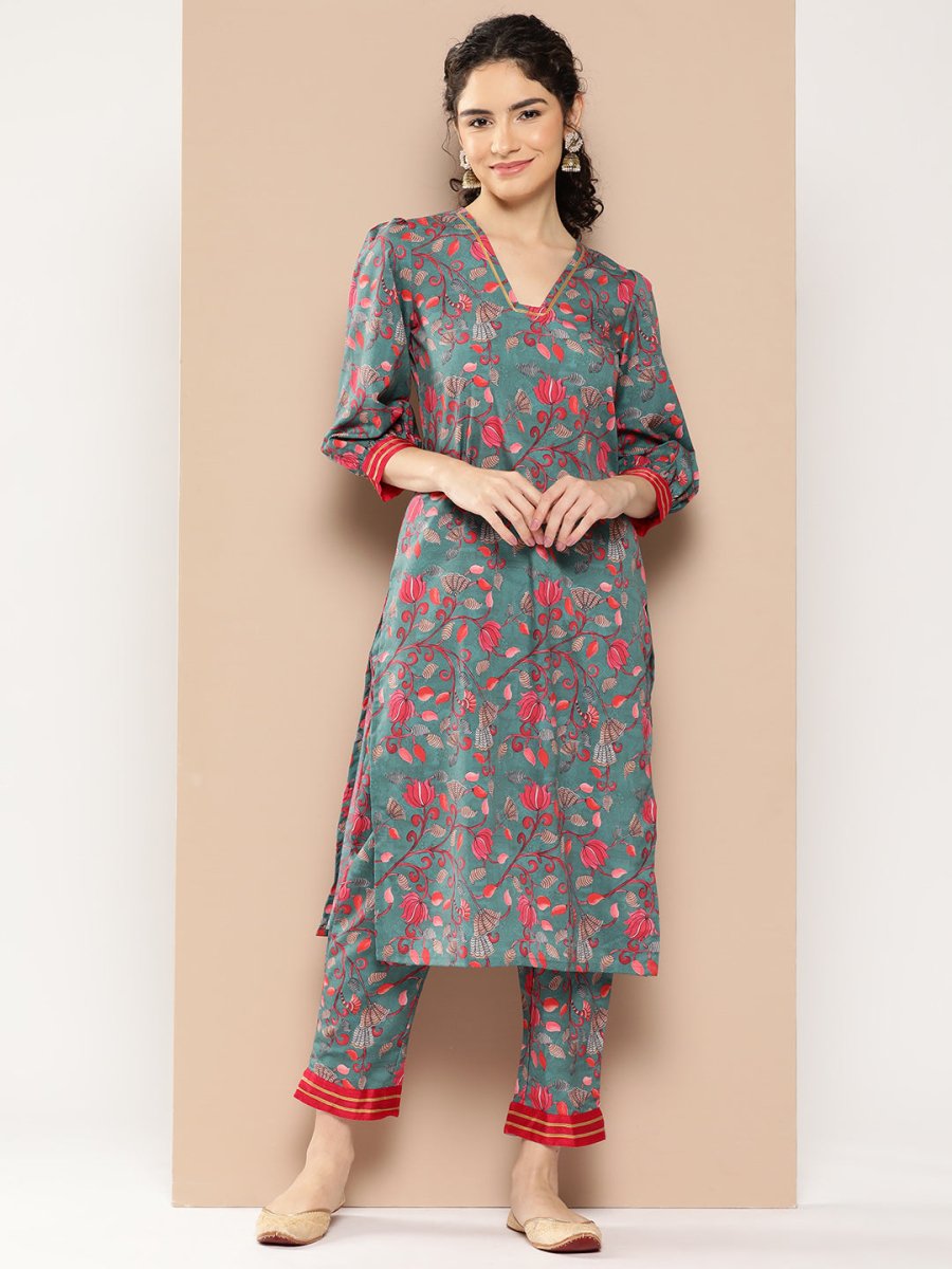 Ahalyaa Women Floral Printed Regular Gotta Patti Kurta with Trousers | Swadesiicart