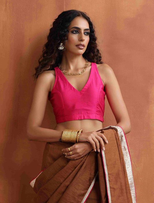 trueBrowns Pink Silk Sleeveless Blouse | Swadesiicart